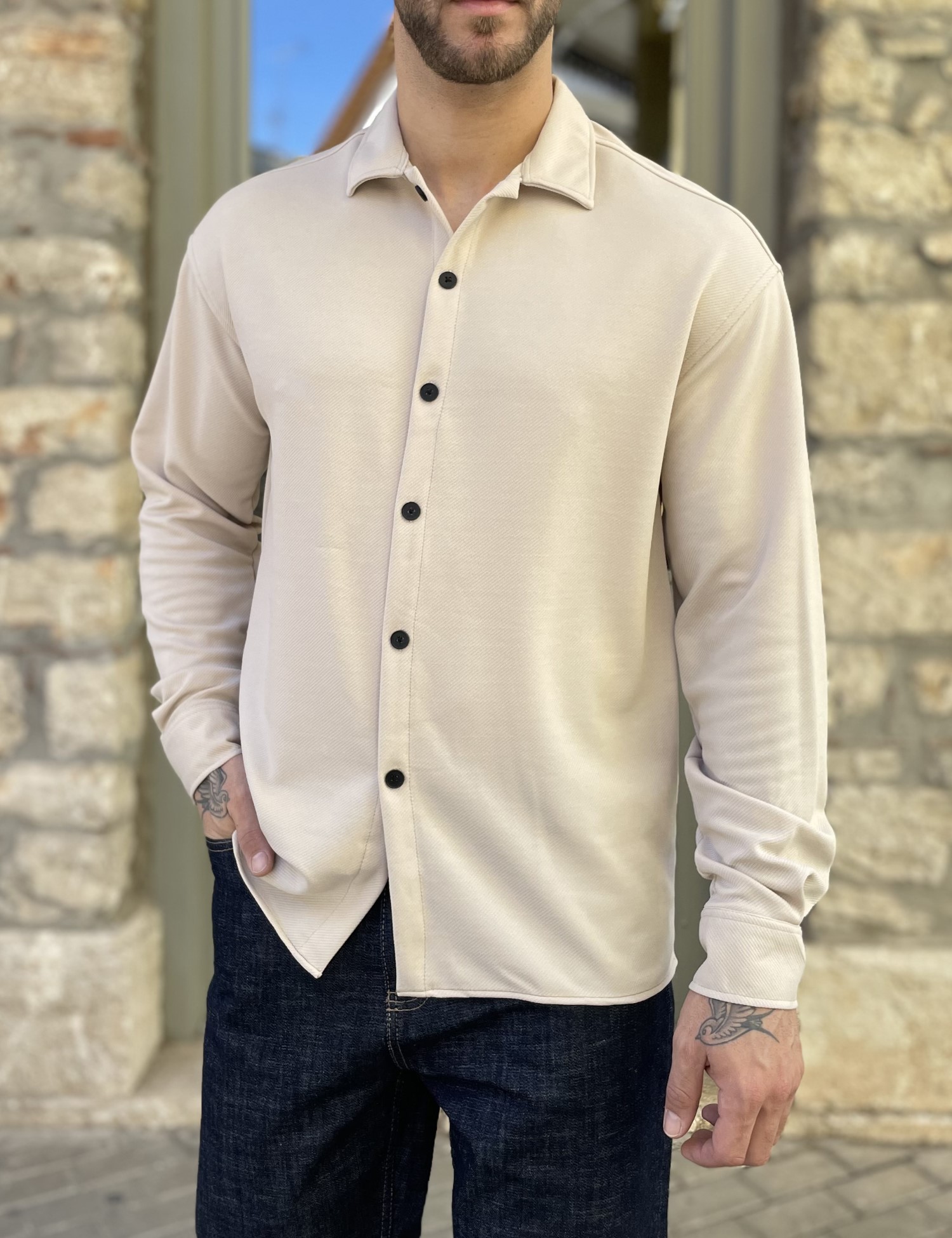 RMZ Ανδρικό μπεζ διαγωνάλ Overshirt με γιακά RMZ456B